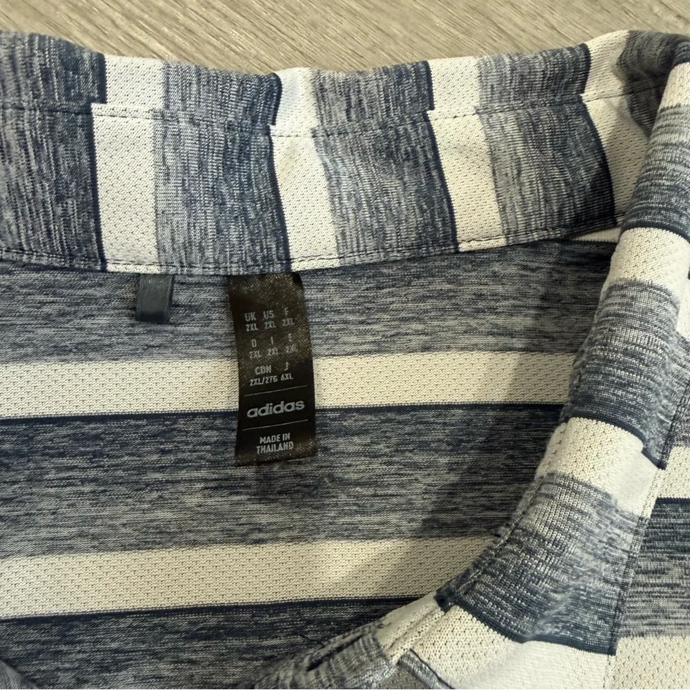 Adidas Men's Navy and White Striped Polo Shirt